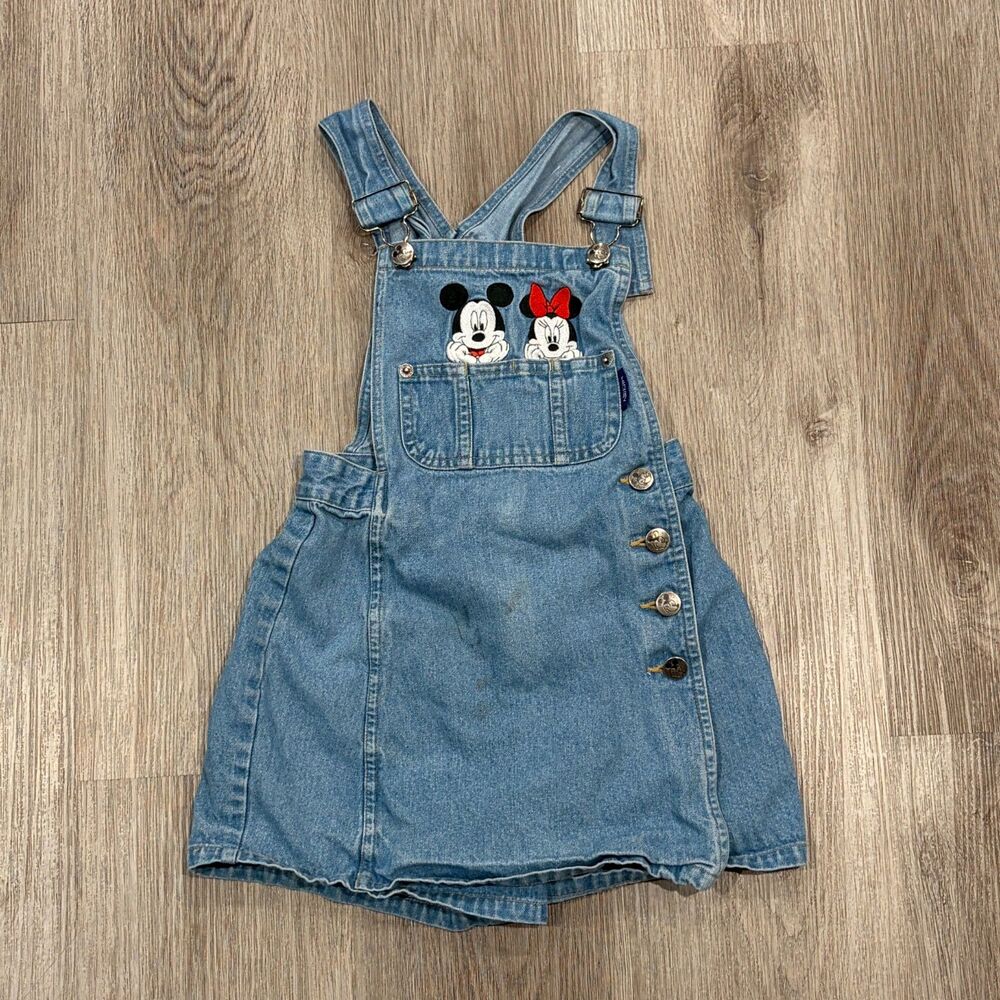 RARE Vtg 90s Mickey and Minnie Disney Denim Character Overalls Youth Size 7 Blue